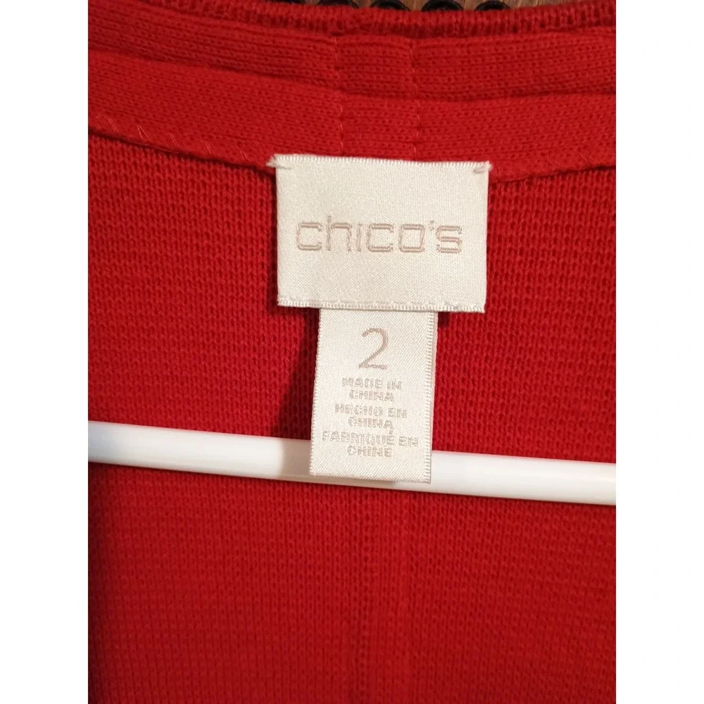Embellished Cardigan Sweater Chicos Size 2 Red Gold Black Ornate‎ Trim Boho
